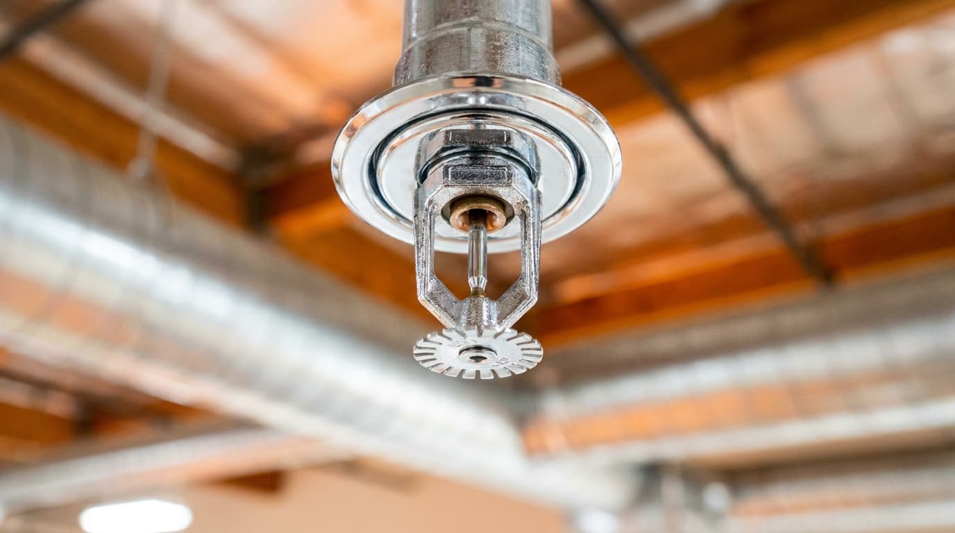 Close-up of a fire sprinkler head in a commercial warehouse setting.
