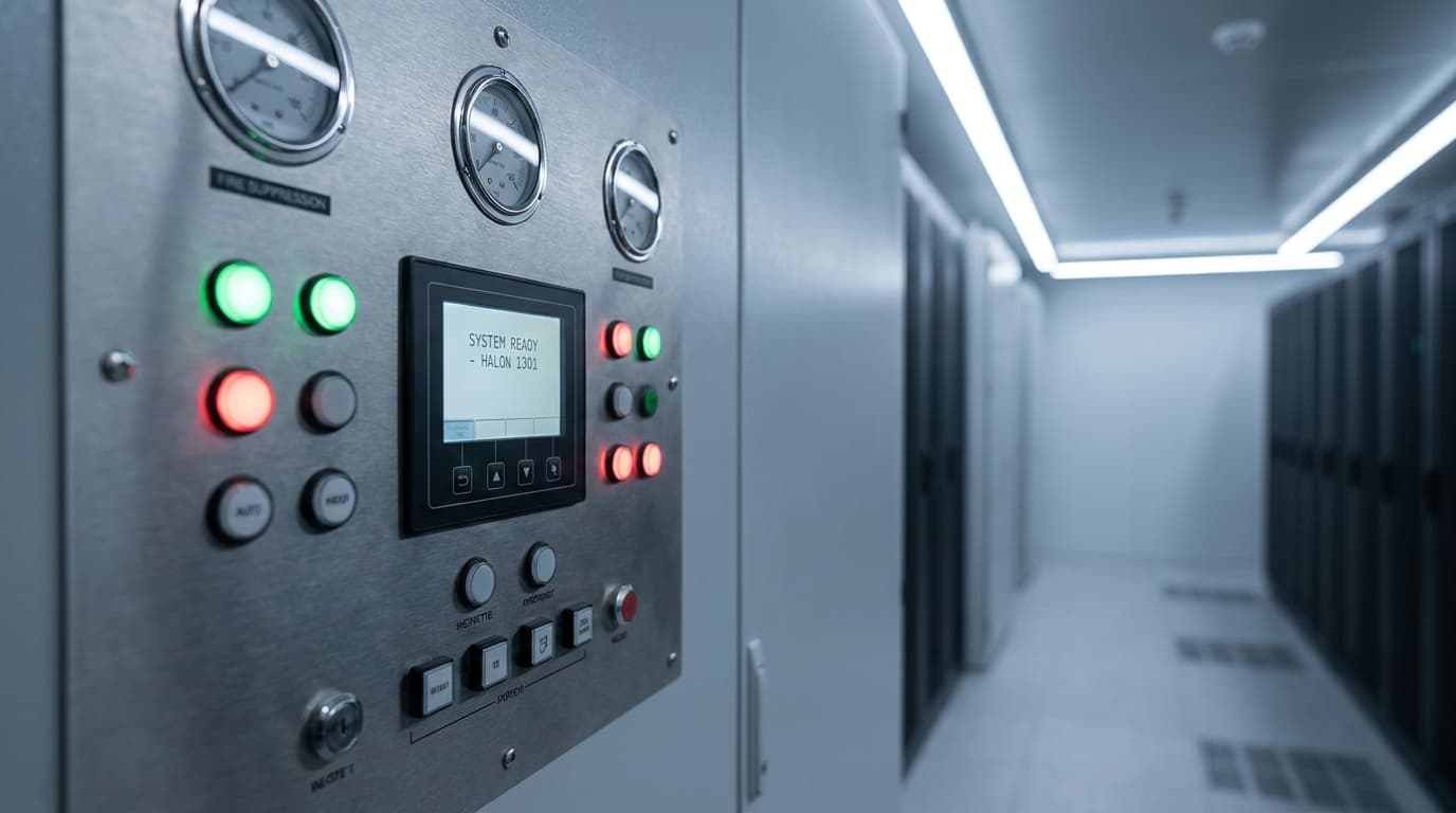 Close-up of a modern fire suppression control panel in a data center.